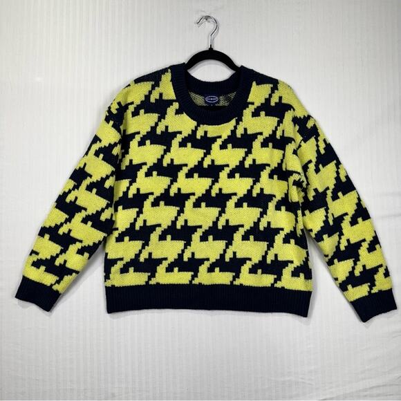 Scoop NYC Navy Blue & Yellow Houndstooth Crew Neck Sweater Women’s Size Medium - Picture 1 of 5